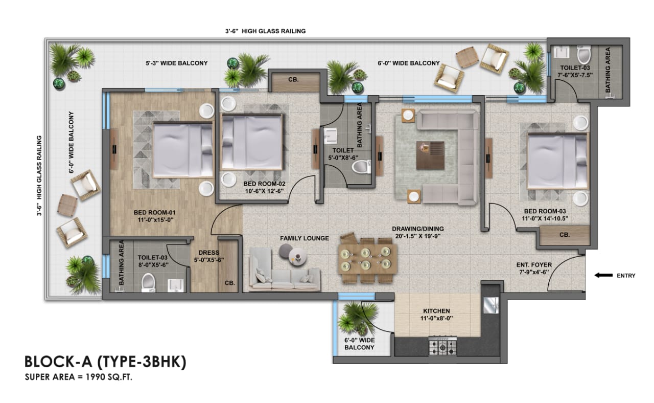 Block A type 3BHK floor plan