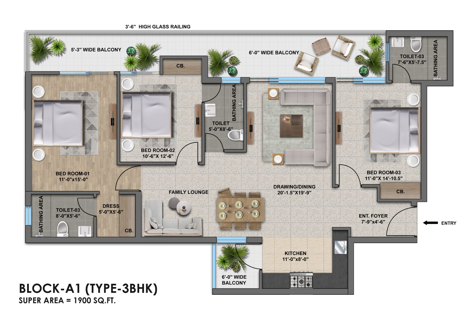 Block A1 type 3BHK floor plan