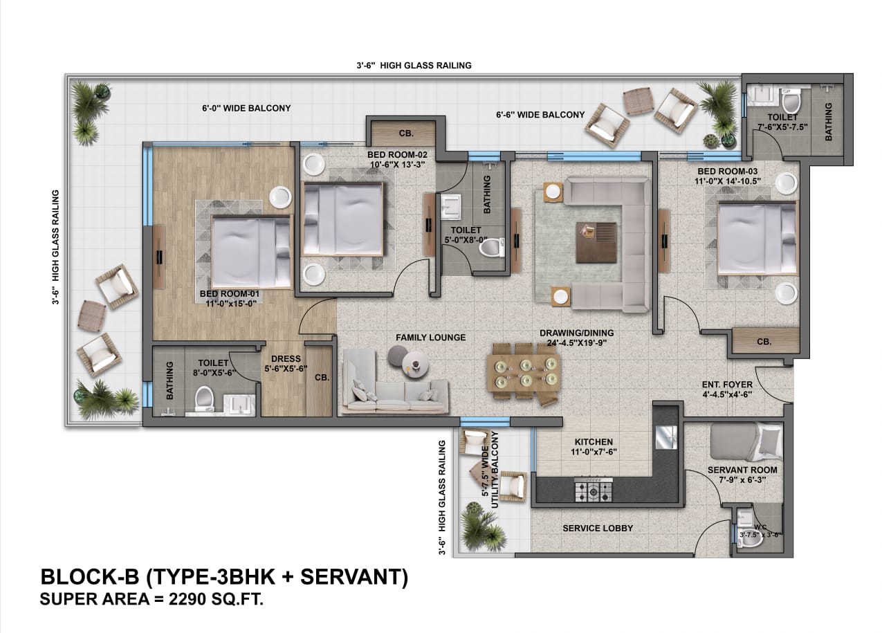 Block B type 3+1BHK floor plan